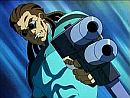 Hrdina v drsné póze před rozmazaným pozadím - klasický záběr nízkorozpočtového anime.
